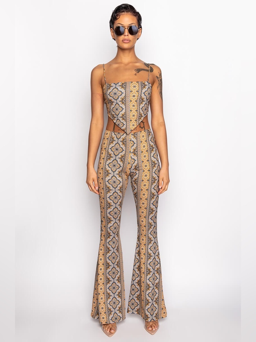 Amable Forbidden Boho Medallion Print Matching Set Bell Bottom Flare Pants Small